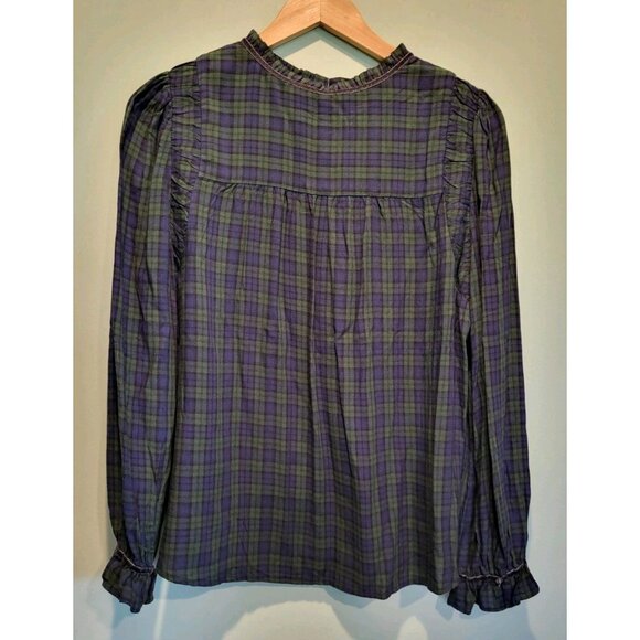 New Blue Green Plaid Lightweight Long Puff Sleeve Relaxed Fit Top Sz L - Picture 5 of 8